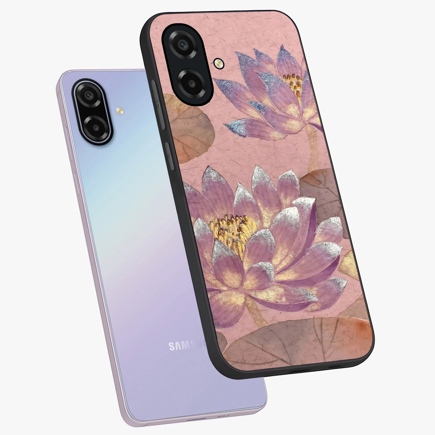 Blossom Mist Lotus Glass Case displayed in angled mockup highlighting delicate lotus illustration with calm aesthetic theme.