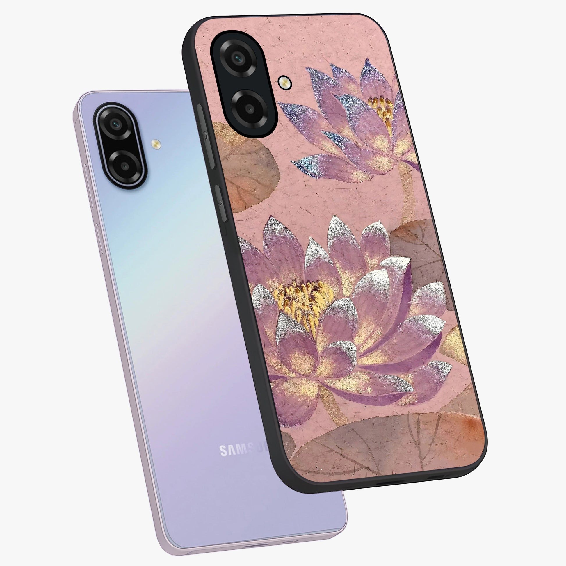 Blossom Mist Lotus Glass Case displayed in angled mockup highlighting delicate lotus illustration with calm aesthetic theme.