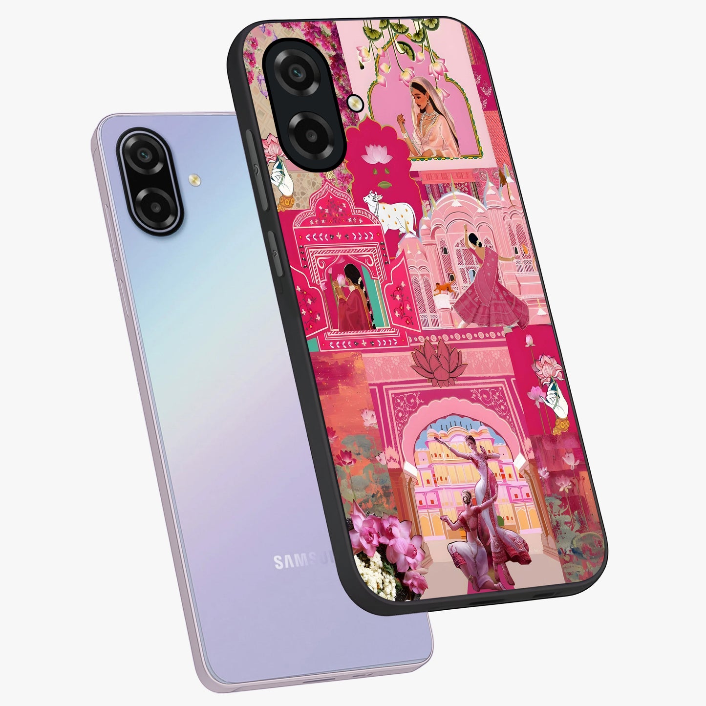 Blossoms of Rajasthan Glass Case displayed in angled mockup highlighting vibrant floral pattern with cultural aesthetic style.