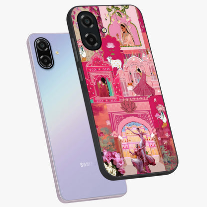 Blossoms of Rajasthan Glass Case displayed in angled mockup highlighting vibrant floral pattern with cultural aesthetic style.