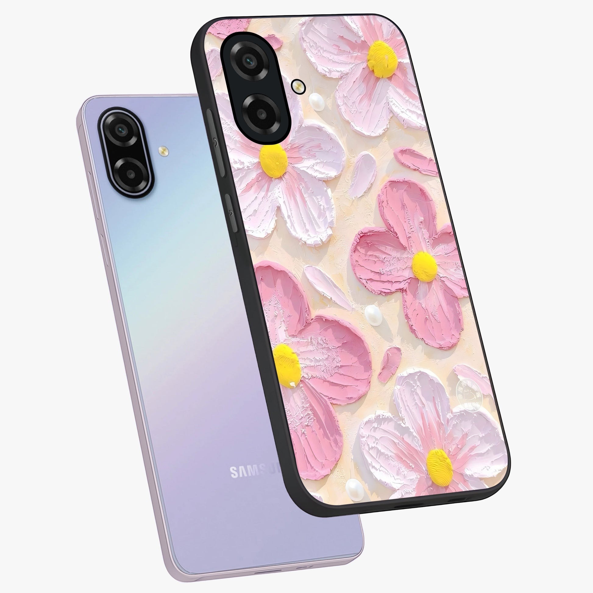 Blush Bloom Texture Glass Case displayed in angled mockup highlighting subtle bloom pattern with aesthetic pastel design.
