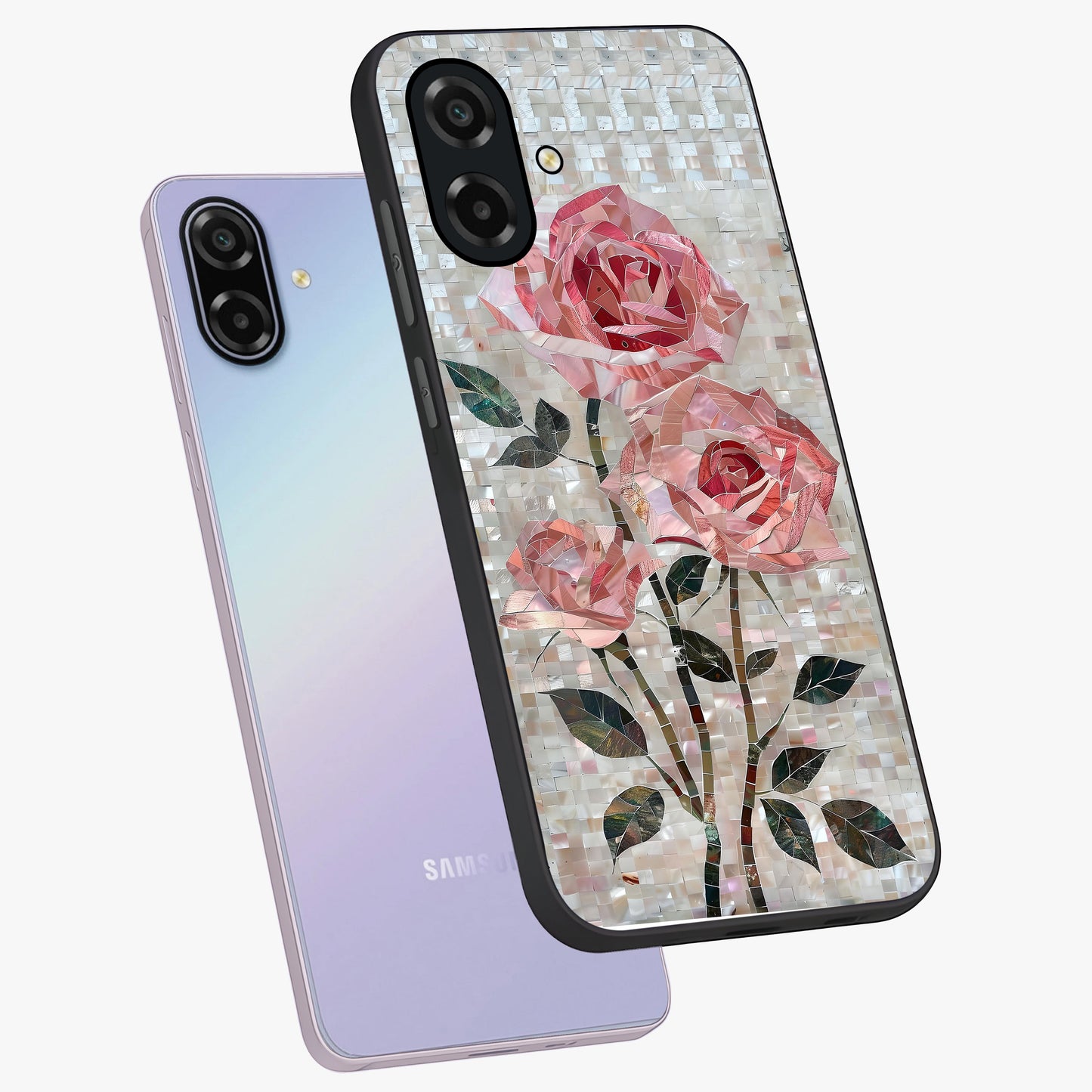 Blush Mosaic Bloom Glass Case displayed in angled mockup highlighting artistic mosaic flower pattern with aesthetic design.