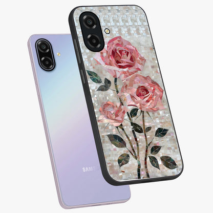 Blush Mosaic Bloom Glass Case displayed in angled mockup highlighting artistic mosaic flower pattern with aesthetic design.