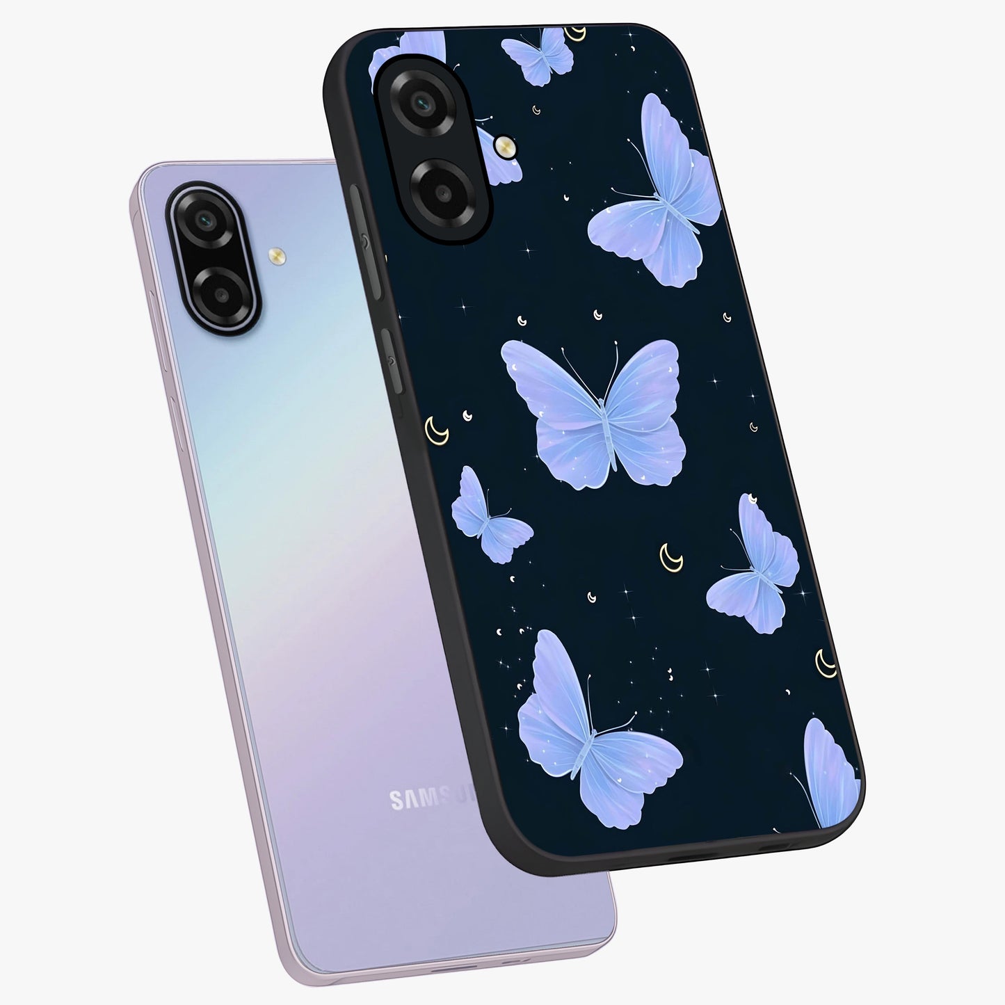 Butterfly With Stars Pattern Glass Case displayed in angled mockup highlighting dreamy butterfly and star design with aesthetic theme.