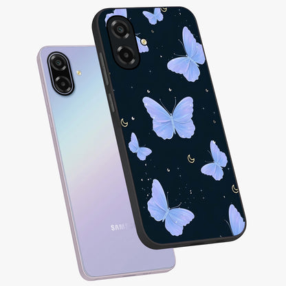 Butterfly With Stars Pattern Glass Case displayed in angled mockup highlighting dreamy butterfly and star design with aesthetic theme.