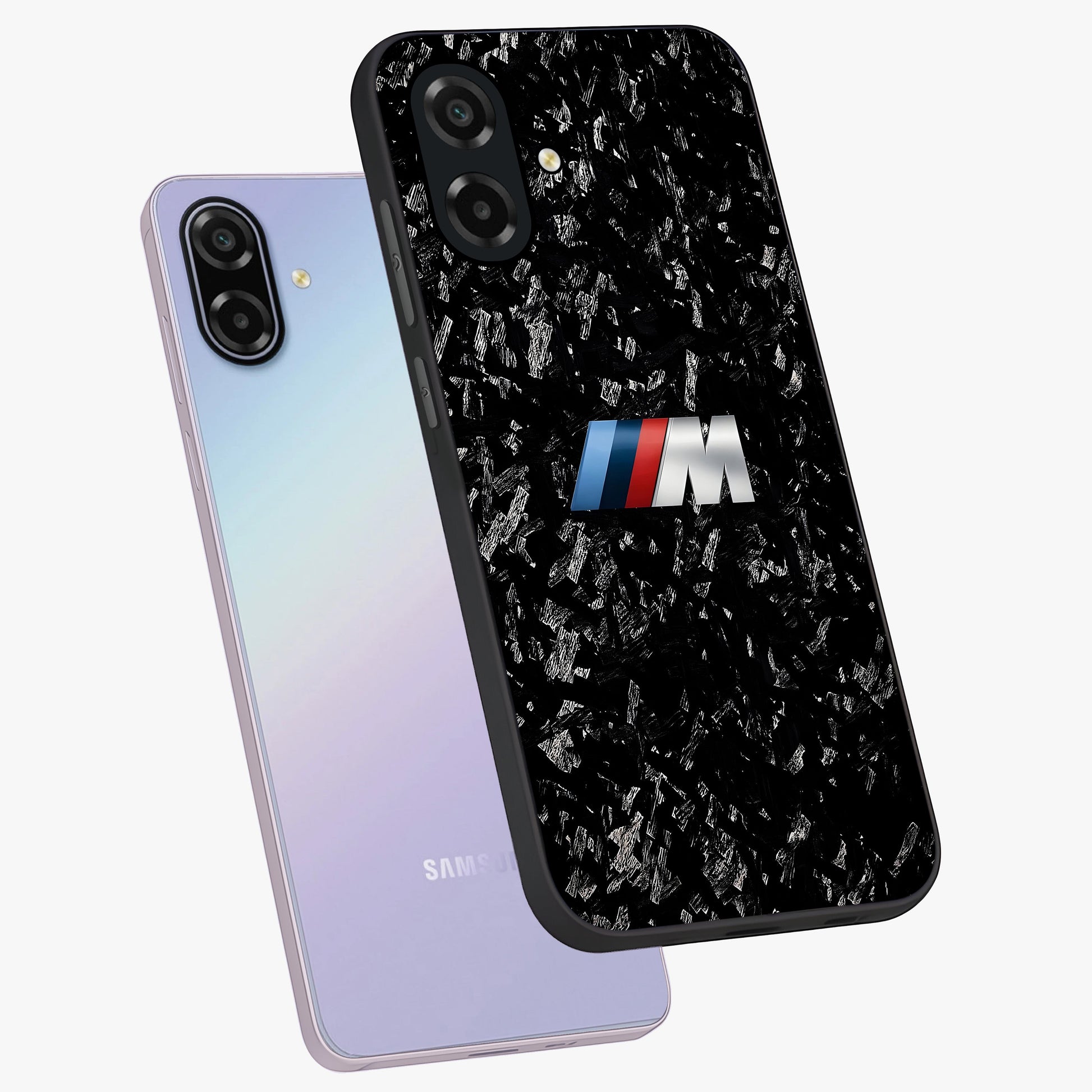 Carbon Speed Mark Glass Case displayed in angled mockup highlighting racing inspired carbon design and sleek aesthetic style.