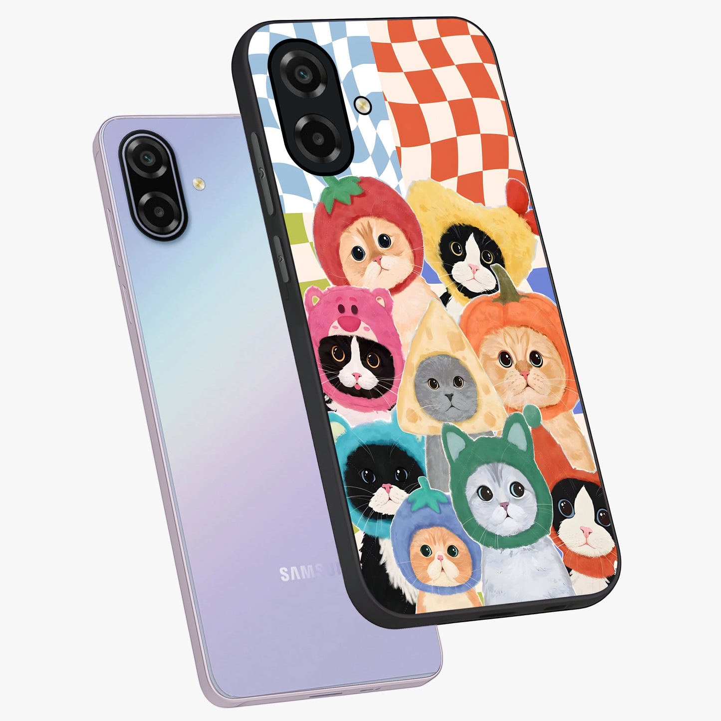 Cats in Fruits Glass Case displayed in angled mockup highlighting cute feline fruit design with colorful aesthetic style.