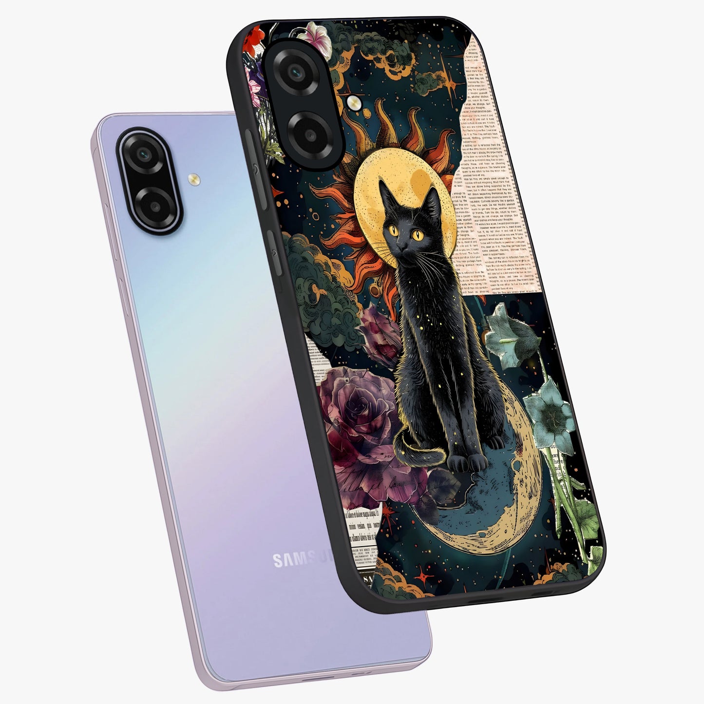 Celestial Black Cat Glass Case displayed in angled mockup highlighting cosmic black cat design with celestial aesthetic.