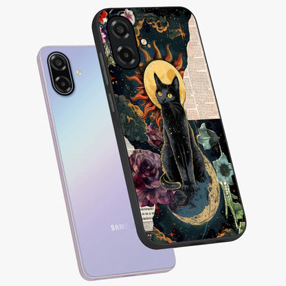 Celestial Black Cat Glass Case displayed in angled mockup highlighting cosmic black cat design with celestial aesthetic.