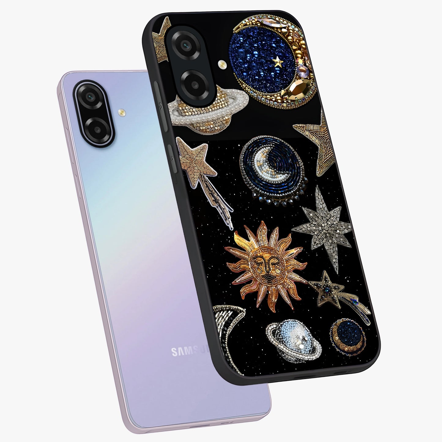 Celestial Gem Constellations Glass Case displayed in angled mockup highlighting gemstone inspired constellation design.