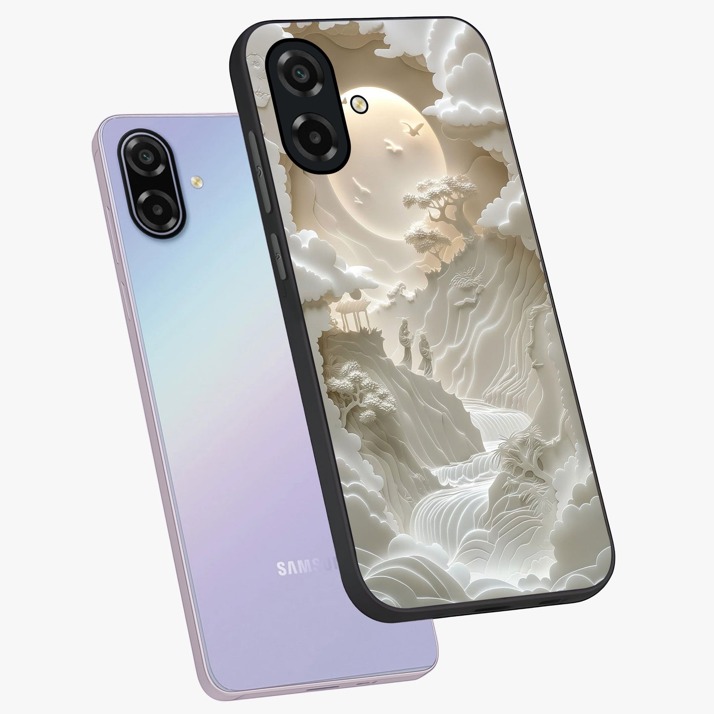 Celestial Origami Glass Case displayed in angled mockup highlighting geometric origami design with cosmic aesthetic theme.