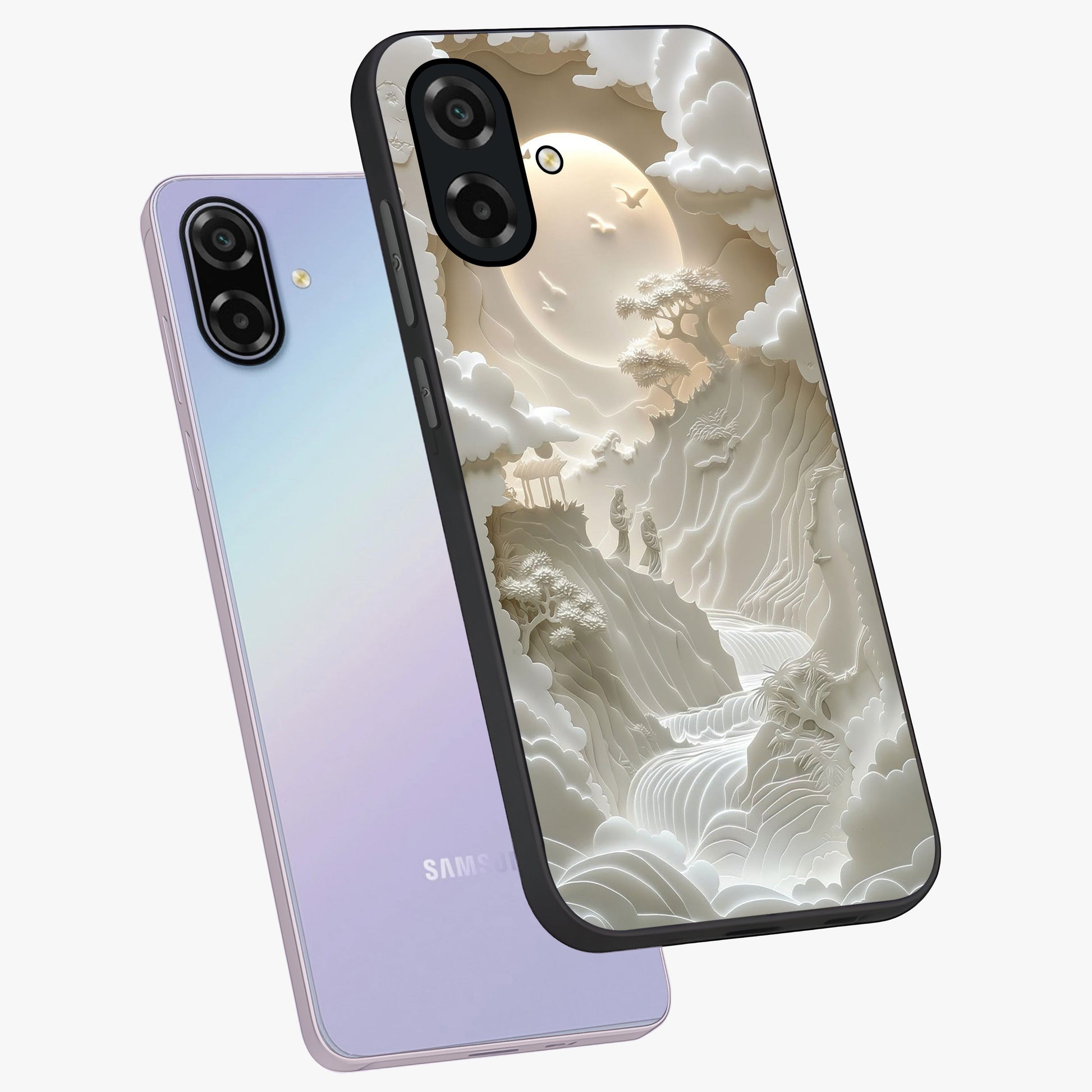 Celestial Origami Glass Case displayed in angled mockup highlighting geometric origami design with cosmic aesthetic theme.
