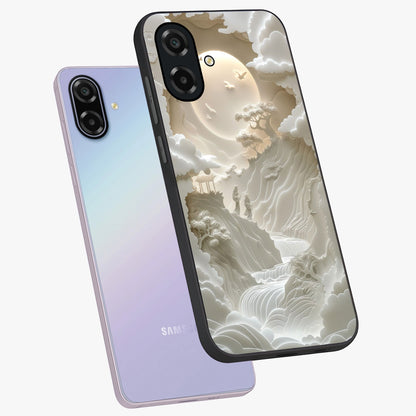 Celestial Origami Glass Case displayed in angled mockup highlighting geometric origami design with cosmic aesthetic theme.