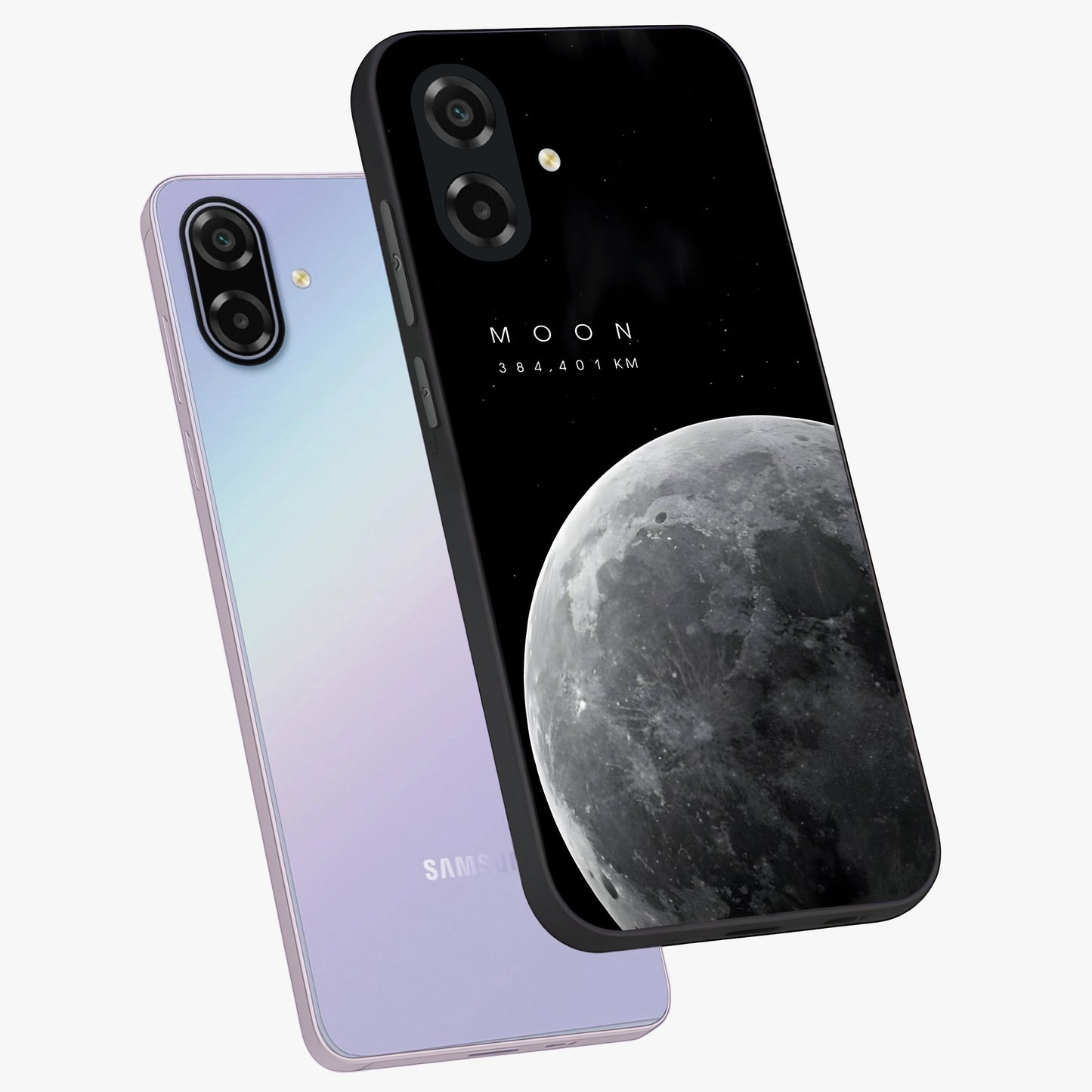 Cosmic Moon Glow Glass Case displayed in angled mockup highlighting celestial moon design with cosmic aesthetic theme.