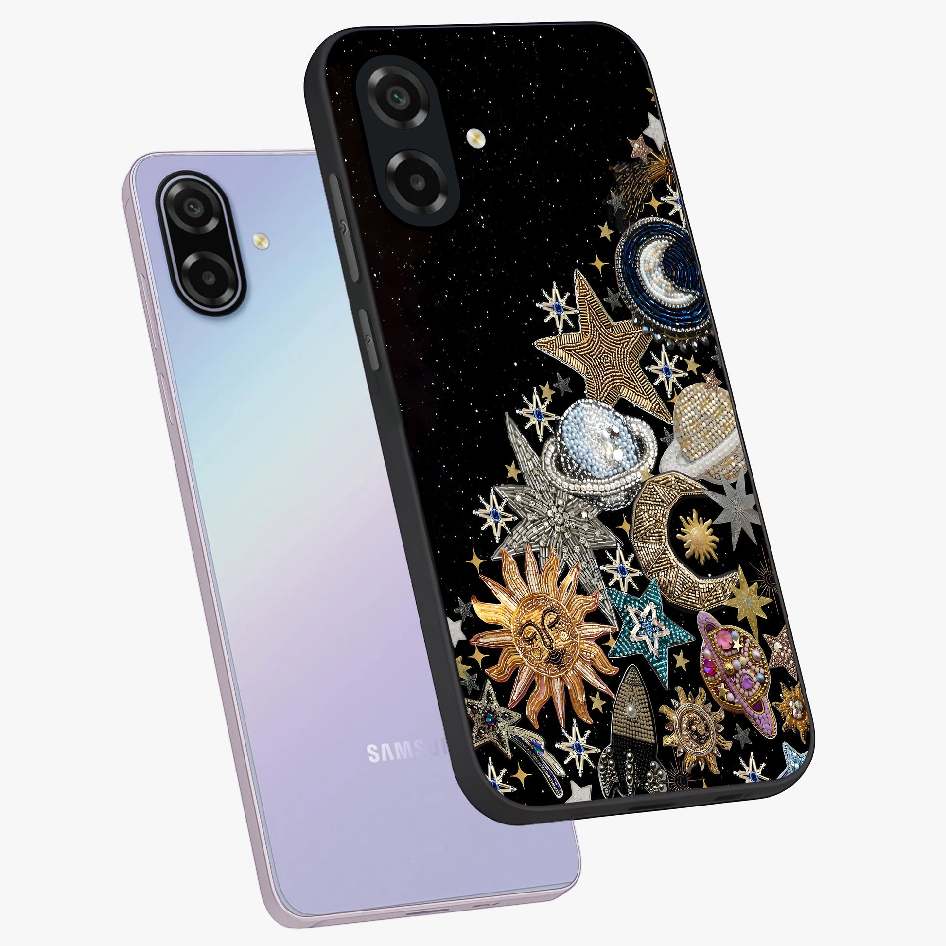 Cosmic Sparkle Dreams Glass Case displayed in angled mockup highlighting dreamy star sparkle design with celestial aesthetic.