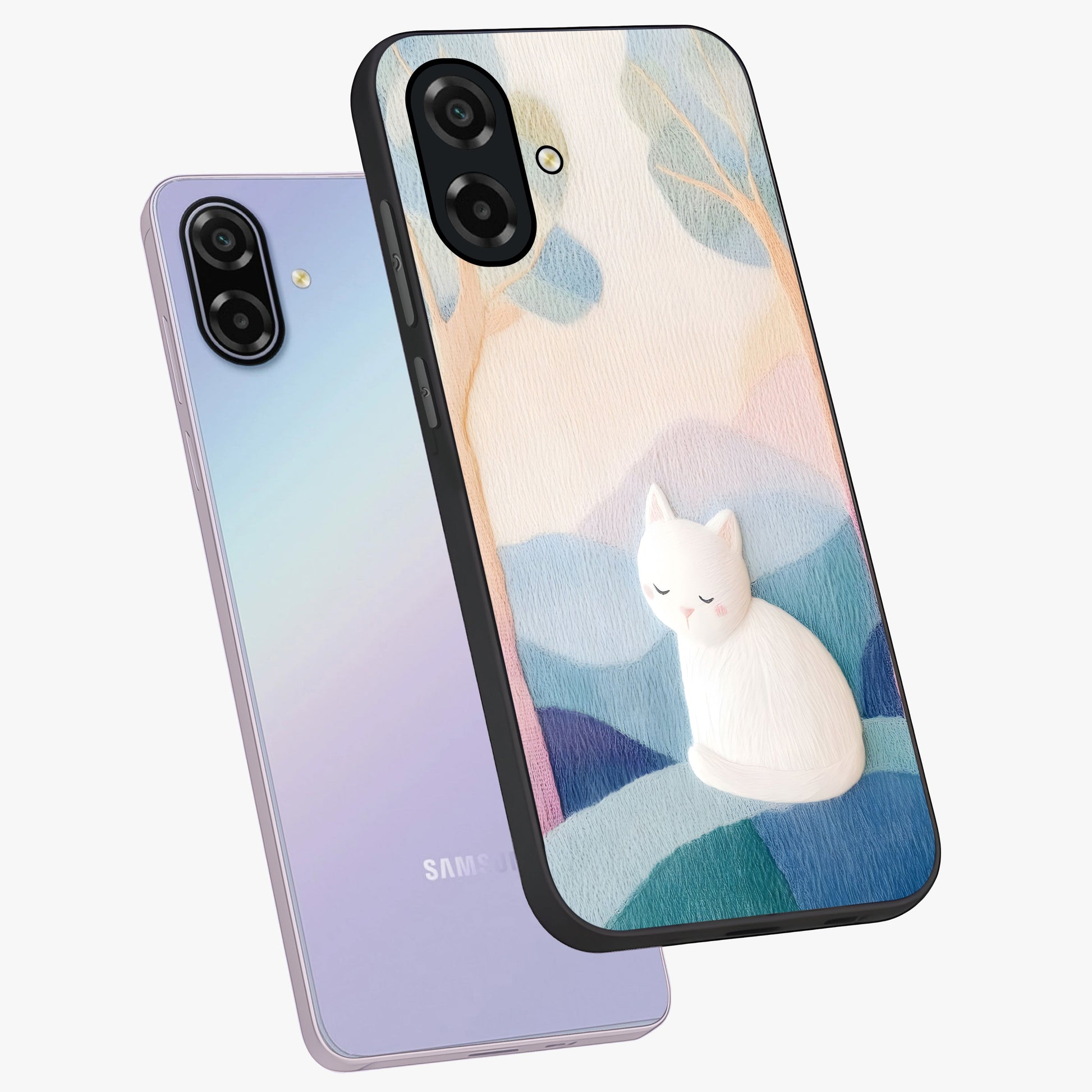 Cotton Dream Cat Glass Case displayed in angled mockup highlighting cute feline illustration with pastel aesthetic style.