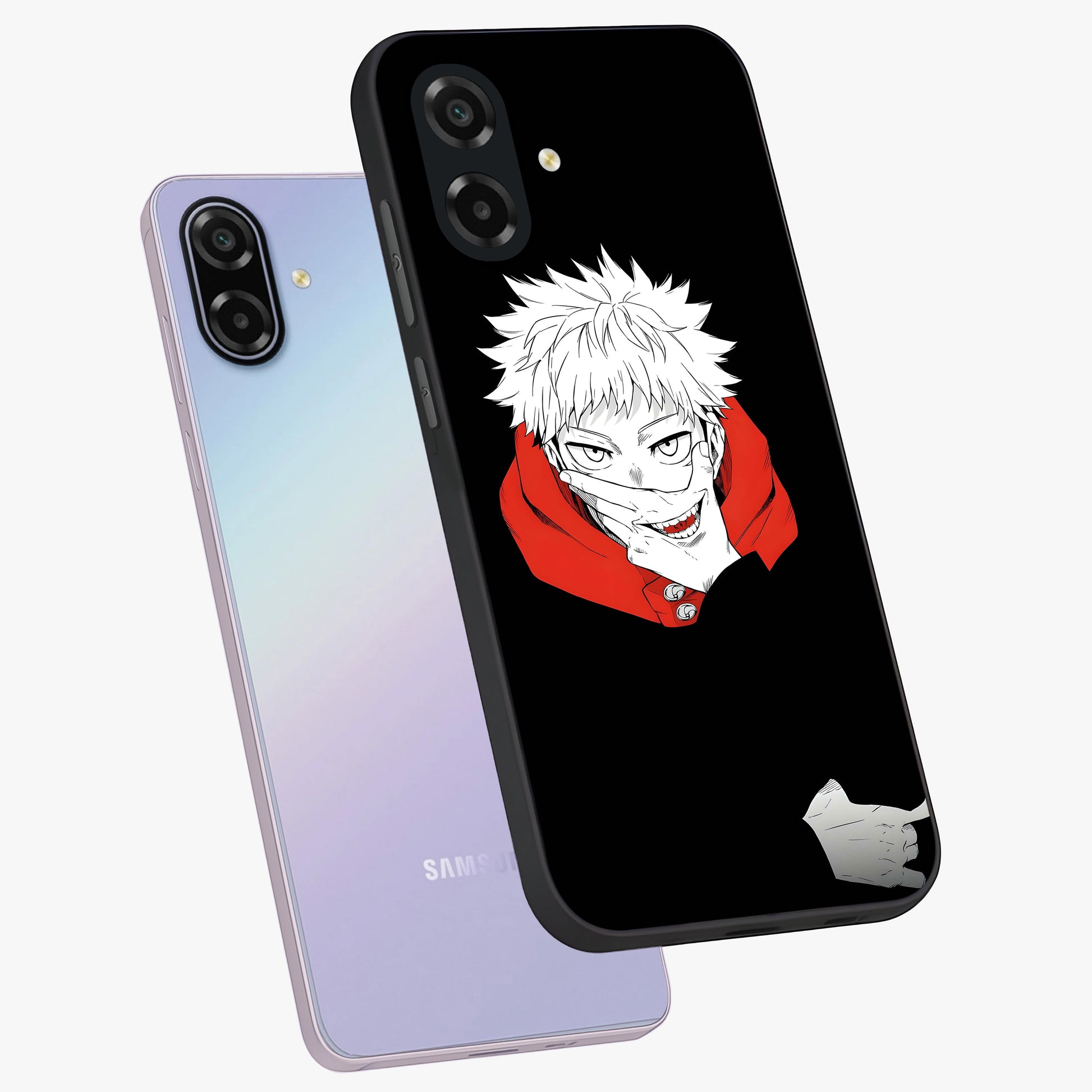 Crimson Chaos Smile Glass Case displayed in angled mockup highlighting edgy crimson smile design with graphic aesthetic.
