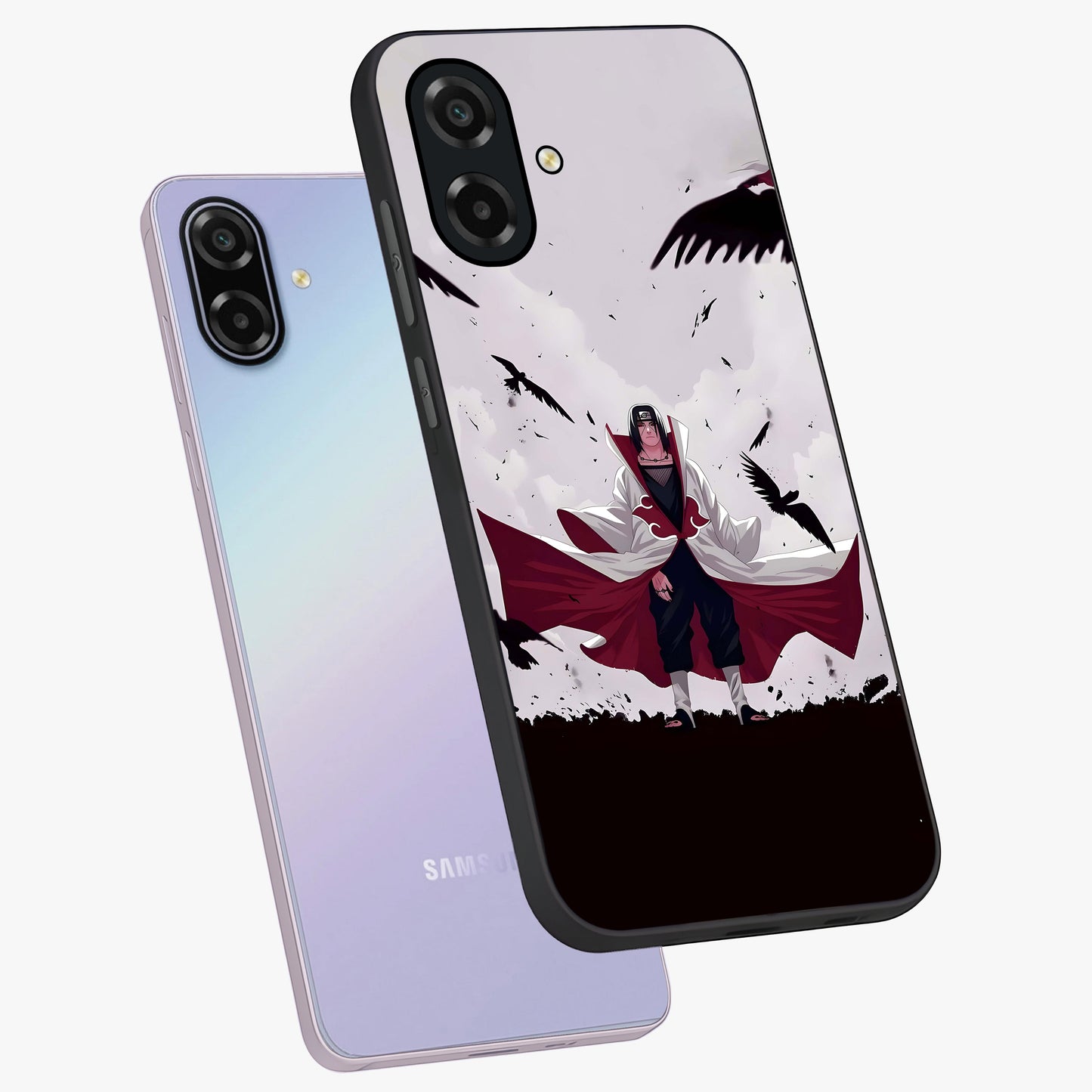 Crimson Crow Ascension Glass Case displayed in angled mockup highlighting powerful crow illustration with dark crimson aesthetic.