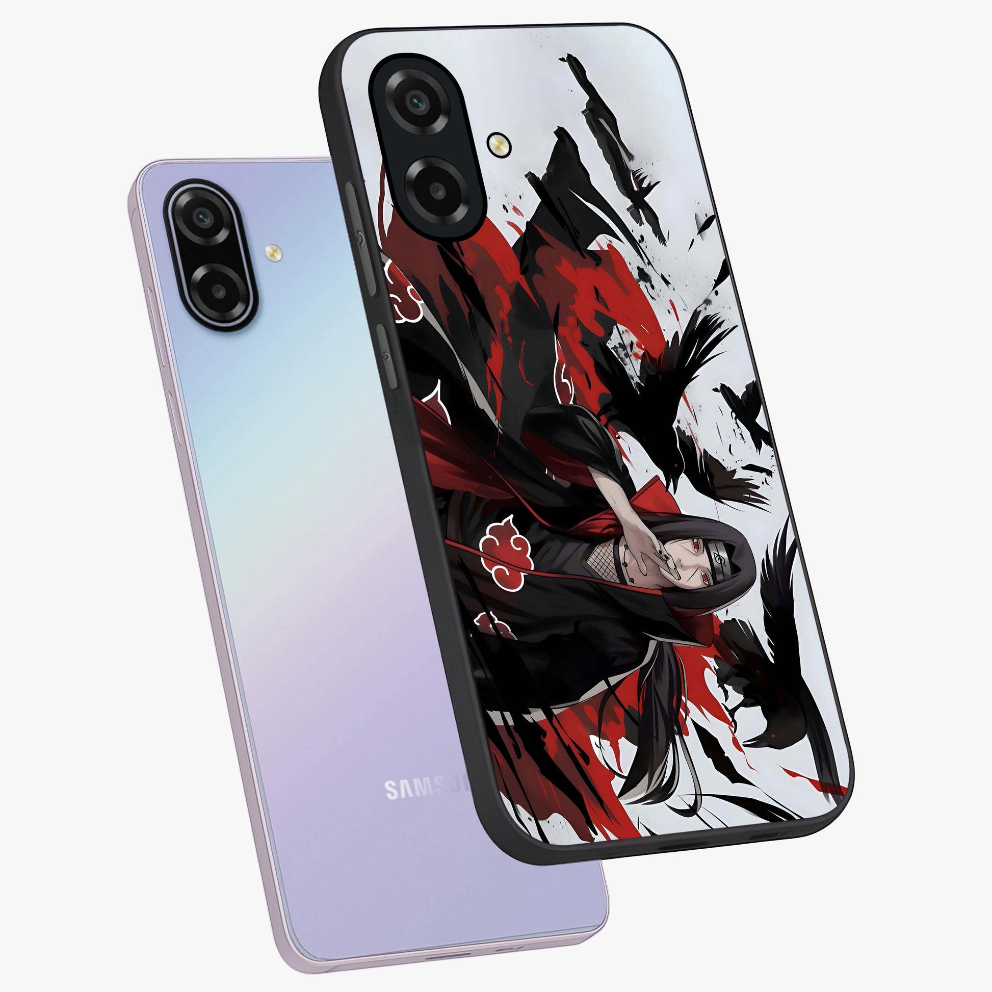 Crimson Crow Illusion Glass Case displayed in angled mockup highlighting mysterious crow graphic with dark aesthetic style.