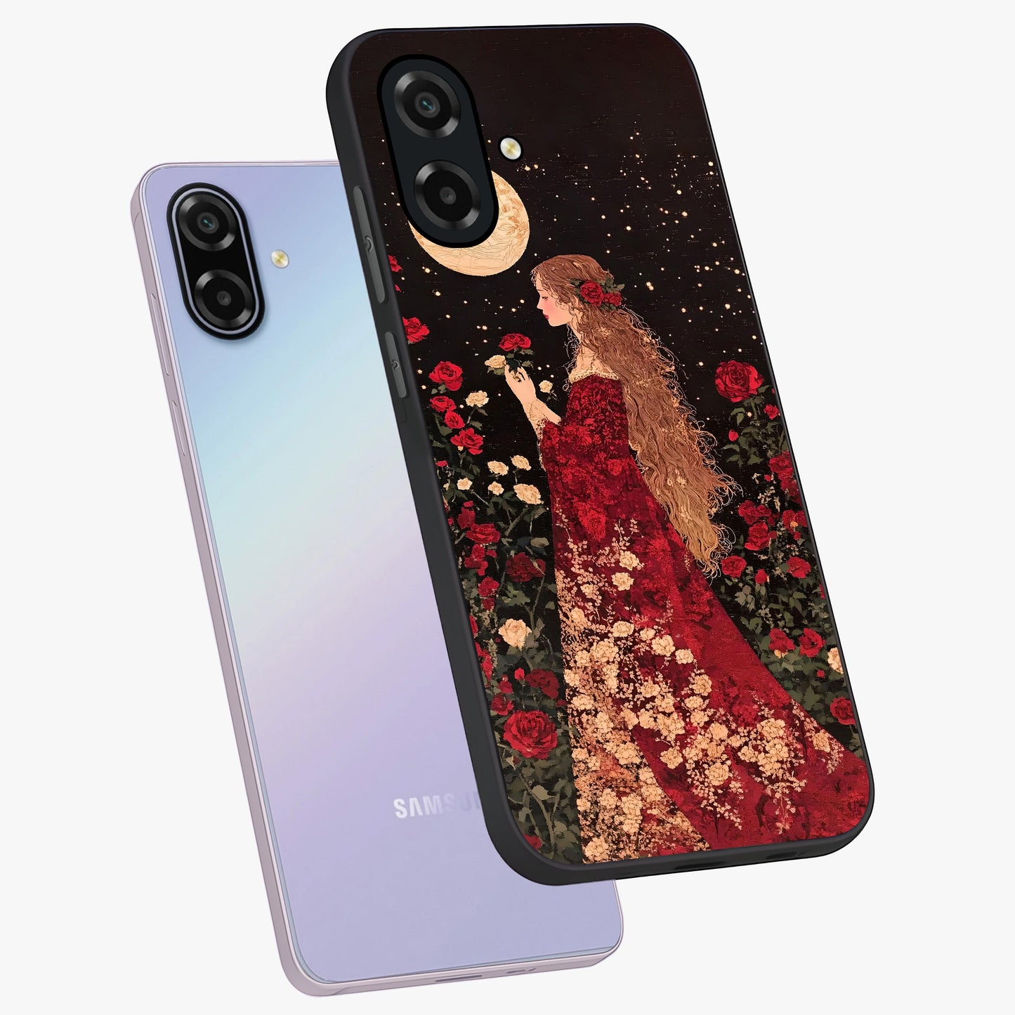 Crimson Dreams Glass Case displayed in angled mockup highlighting soft crimson aesthetic design with artistic theme.