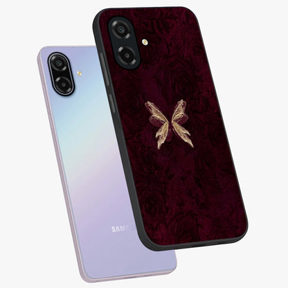 Crimson Fade Butterfly Glass Case displayed in angled mockup highlighting elegant butterfly design with crimson gradient aesthetic.
