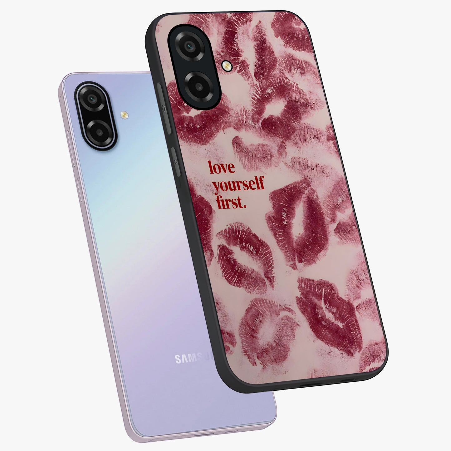 Crimson Kiss Love Glass Case displayed in angled mockup highlighting bold love inspired design with modern aesthetic style.