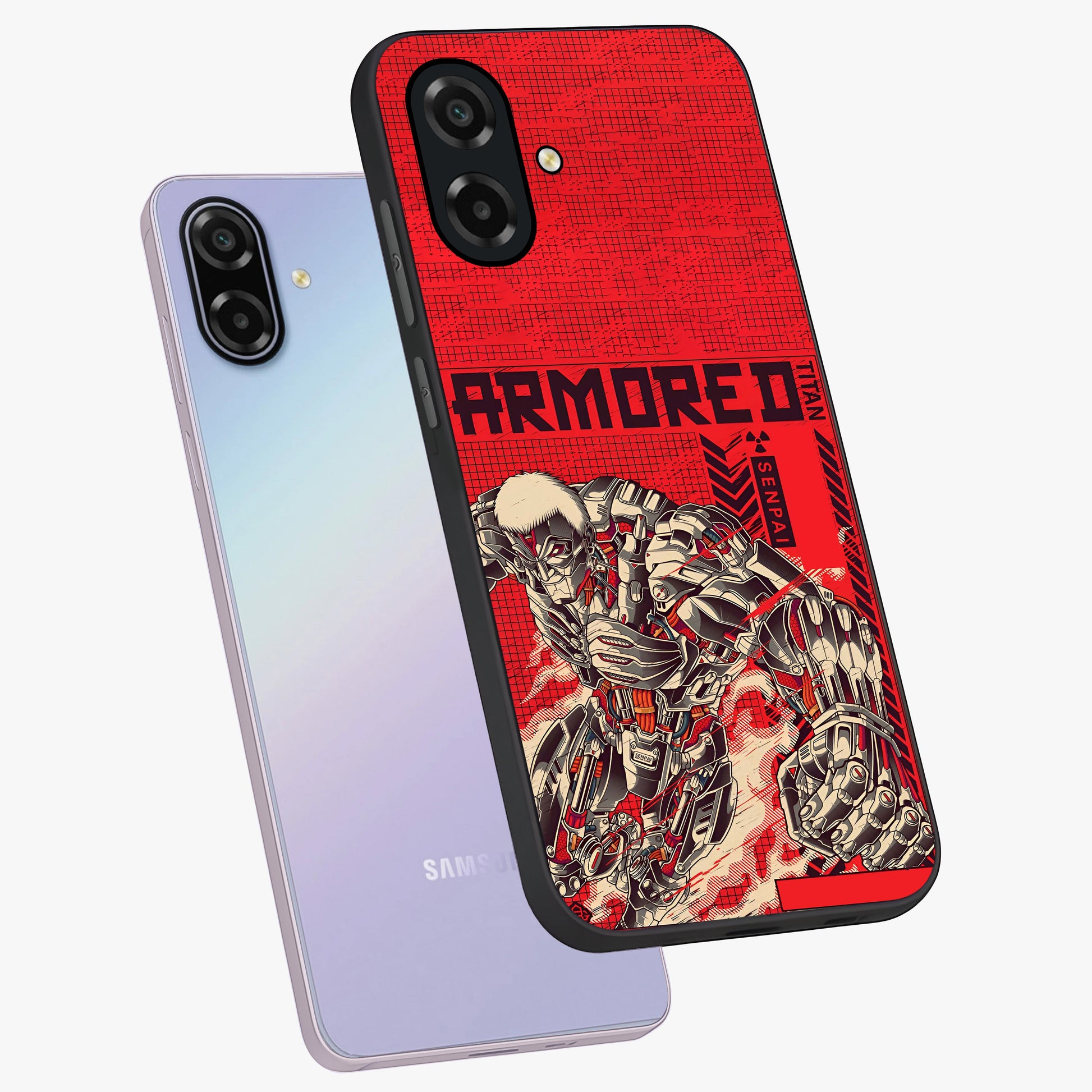 Crimson Mecha Titan Glass Case displayed in angled mockup highlighting futuristic mech illustration with bold crimson aesthetic.