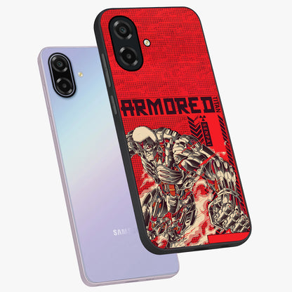 Crimson Mecha Titan Glass Case displayed in angled mockup highlighting futuristic mech illustration with bold crimson aesthetic.