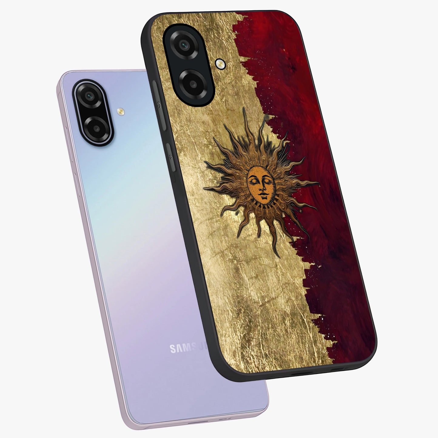 Crimson Sun Majesty Glass Case displayed in angled mockup highlighting majestic crimson sun design with bold aesthetic style.