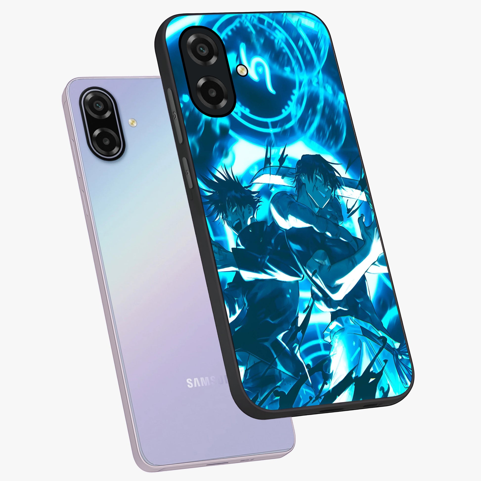 Cursed Energy Clash Glass Case displayed in angled mockup highlighting powerful battle inspired graphic with anime style aesthetic.