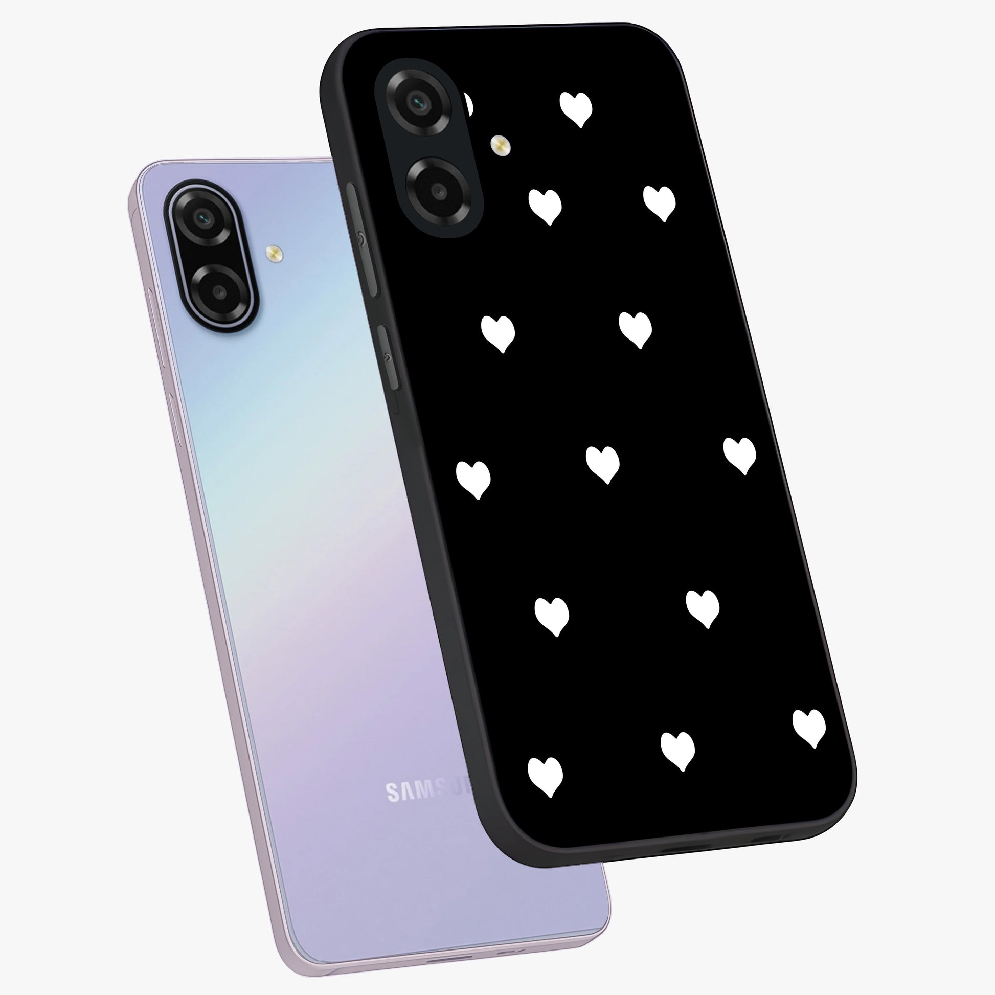 Cute And Simple White Hearts Glass Case displayed in angled mockup highlighting cute heart design with clean aesthetic style.