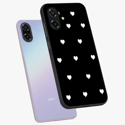 Cute And Simple White Hearts Glass Case displayed in angled mockup highlighting cute heart design with clean aesthetic style.