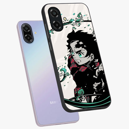 Demon Slayer Glass Case displayed in angled mockup highlighting dramatic anime character design with action aesthetic.