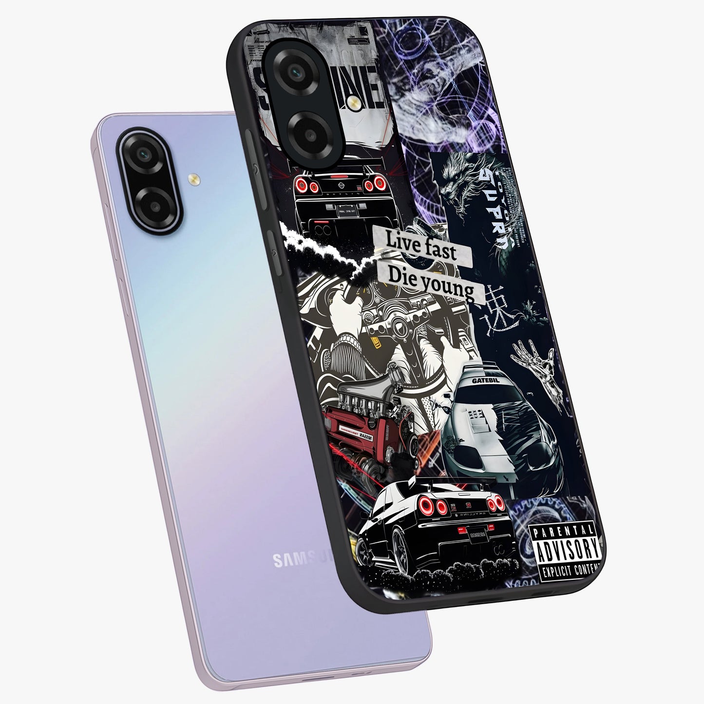 Die Young Glass Case displayed in angled mockup highlighting expressive graphic artwork with edgy aesthetic style.