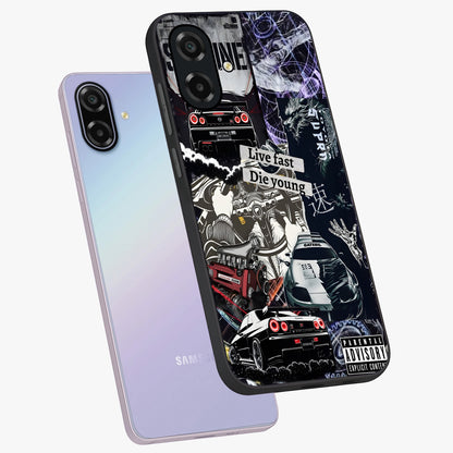 Die Young Glass Case displayed in angled mockup highlighting expressive graphic artwork with edgy aesthetic style.