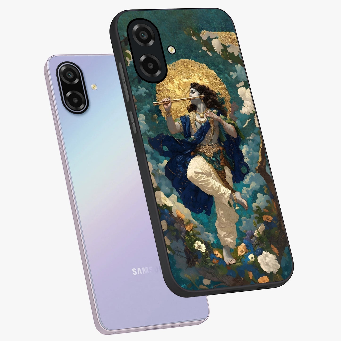 Divine Krishna Art Glass Case displayed in angled mockup highlighting spiritual Krishna illustration with devotional aesthetic.