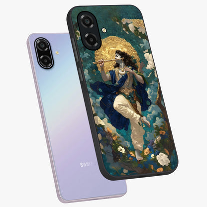 Divine Krishna Art Glass Case displayed in angled mockup highlighting spiritual Krishna illustration with devotional aesthetic.