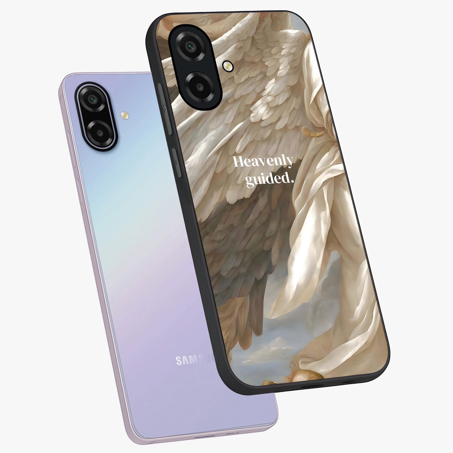 Divine Winged Grace Glass Case displayed in angled mockup highlighting graceful wing design with divine aesthetic style.