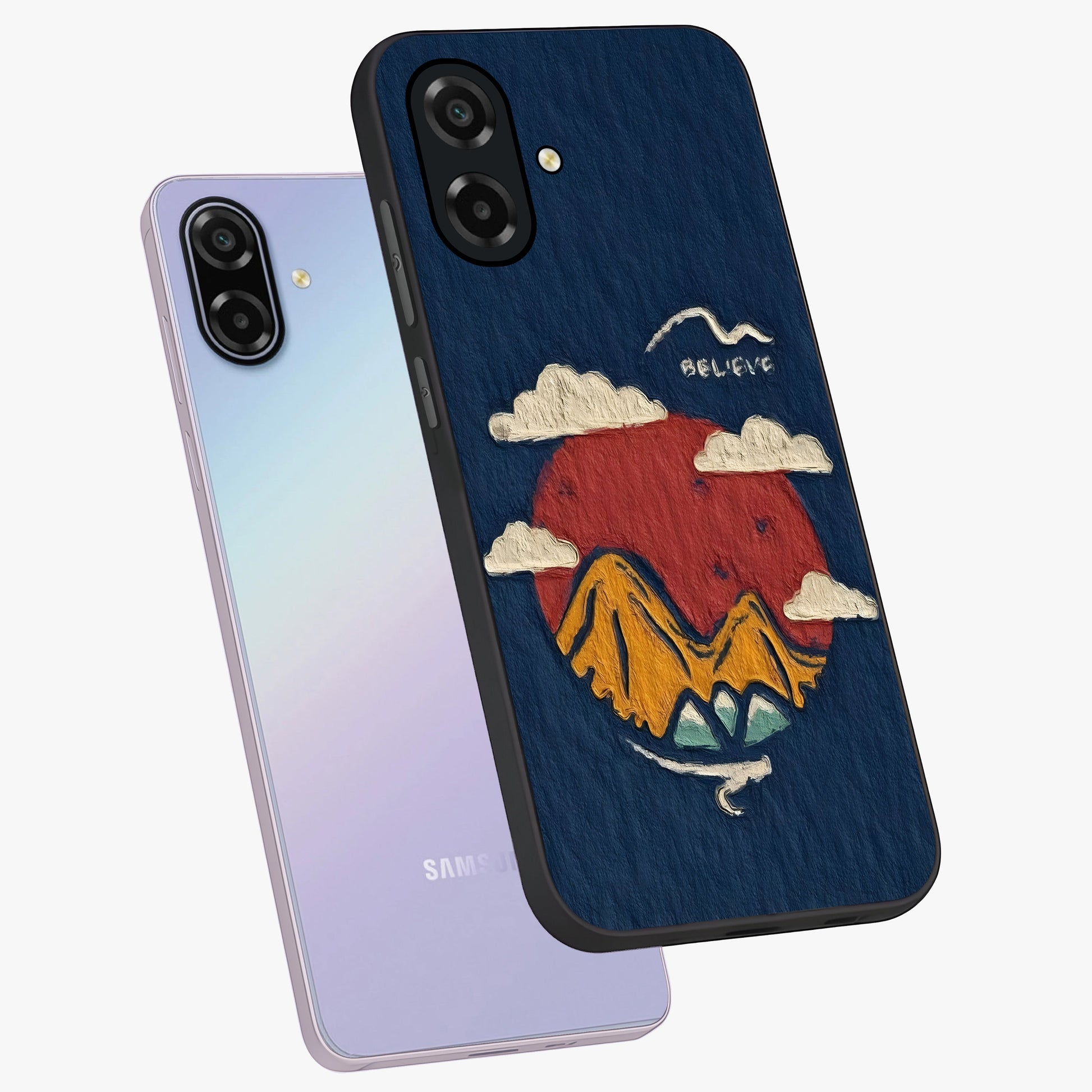Dream Beyond Mountains Glass Case displayed in angled mockup highlighting dreamy mountain illustration with peaceful aesthetic.