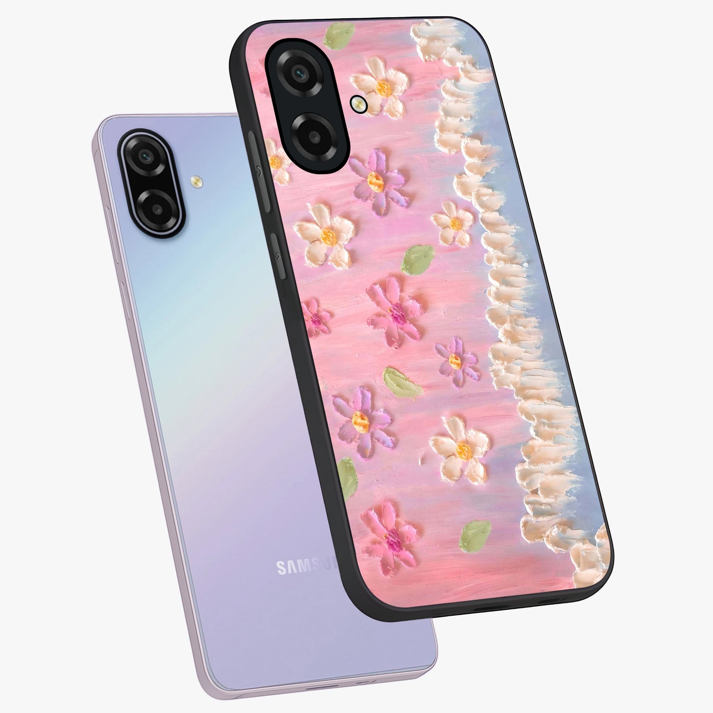 Dreamy Painted Garden Glass Case displayed in angled mockup highlighting colorful garden illustration with dreamy aesthetic style.
