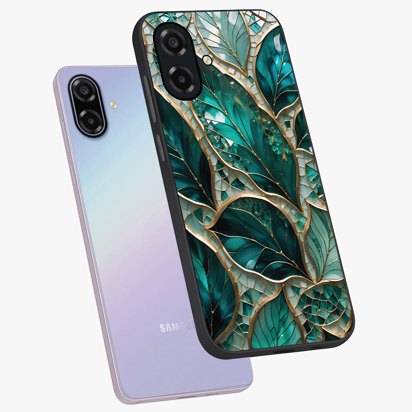 Emerald Leaf Glass Glass Case displayed in angled mockup highlighting botanical leaf illustration with elegant natural aesthetic.