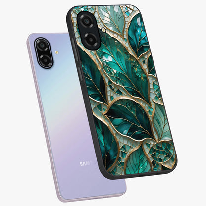 Emerald Leaf Glass Glass Case displayed in angled mockup highlighting botanical leaf illustration with elegant natural aesthetic.