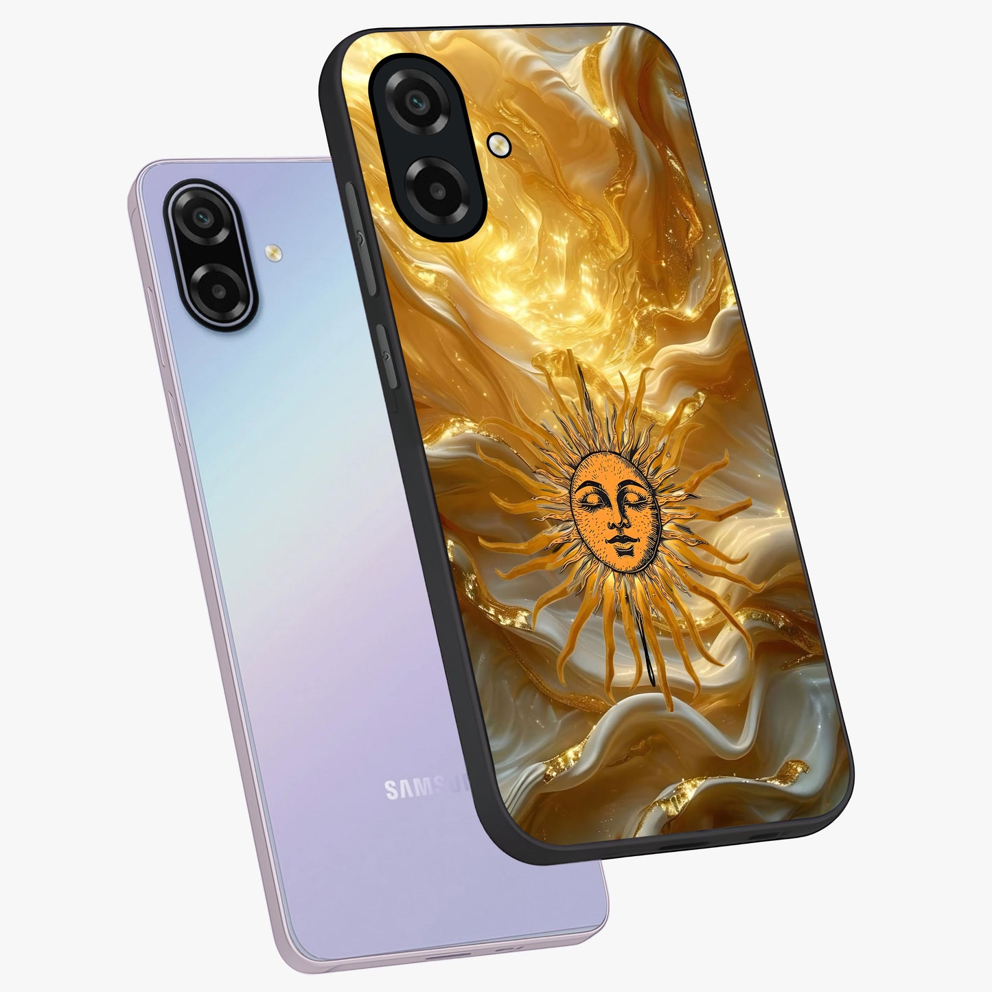Eternal Golden Glow Glass Case displayed in angled mockup highlighting glowing golden aesthetic design with elegant style.