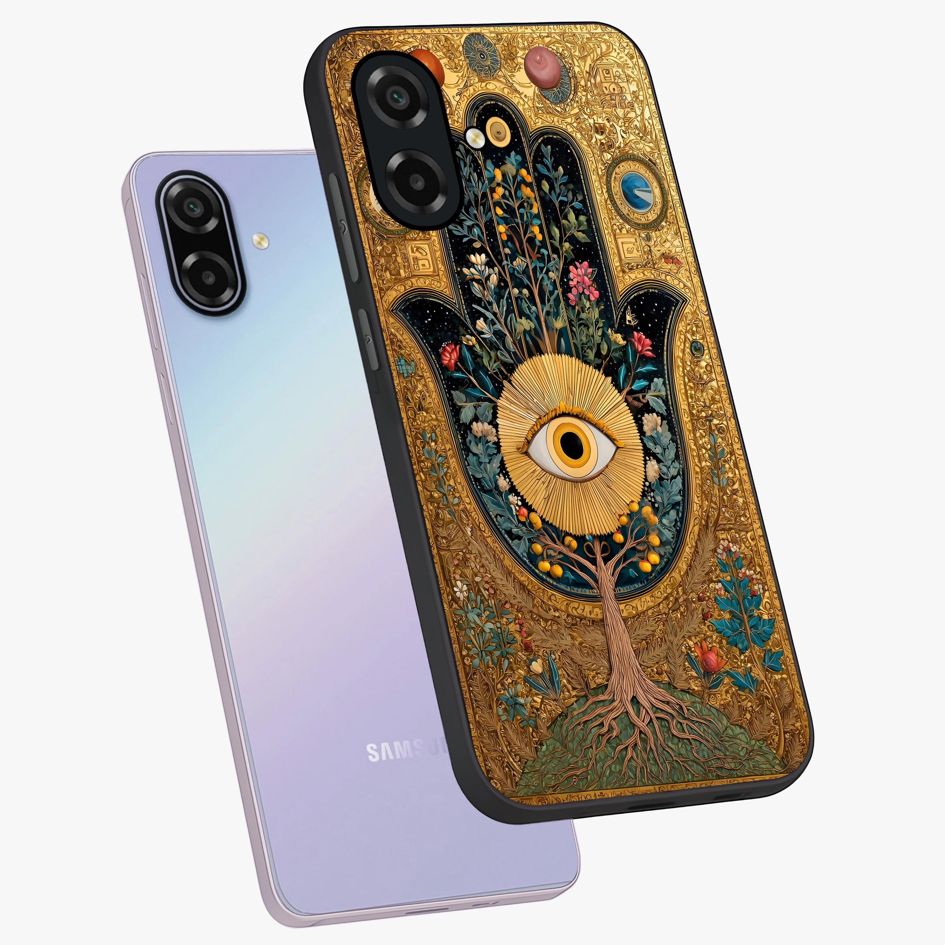 Ethereal Evil Eye Glass Case displayed in angled mockup highlighting protective evil eye symbol with spiritual aesthetic design.