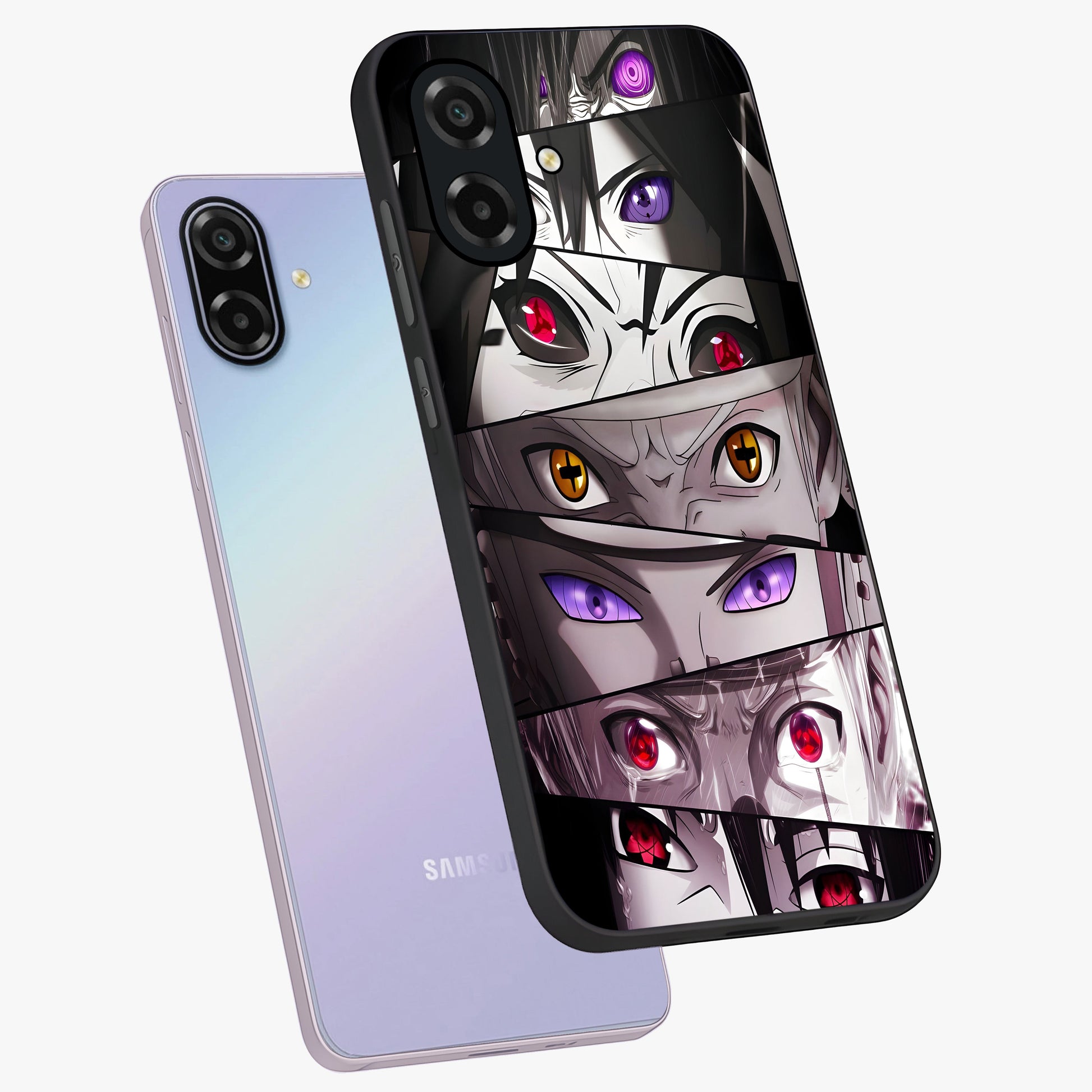 Eyes of Destiny Glass Case displayed in angled mockup highlighting bold eye illustration with mystical aesthetic style.