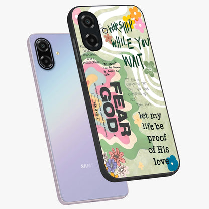 Faith Over Fear Glass Case displayed in angled mockup highlighting inspirational message design with modern aesthetic style.