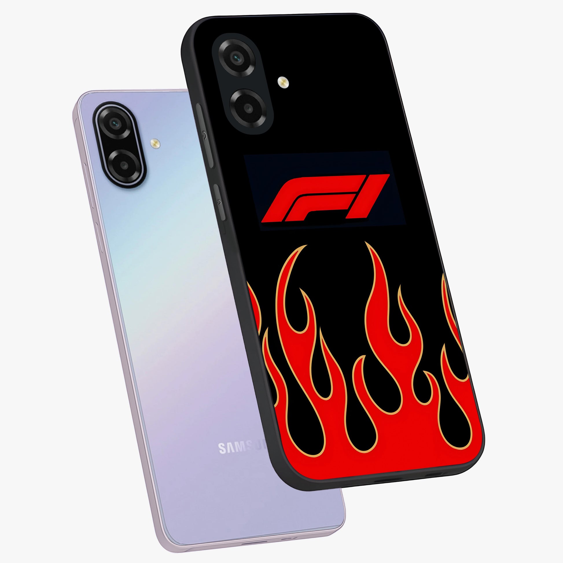 Fire F11 Glass Case displayed in angled mockup highlighting bold fire inspired graphic with energetic aesthetic style.