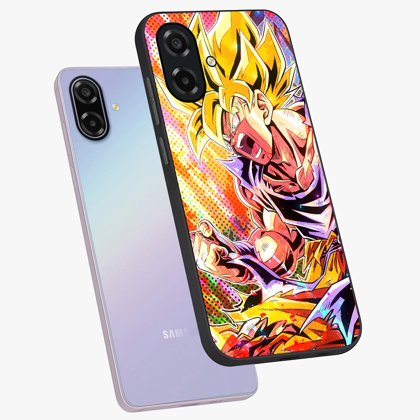 Firing Goku Glass Case displayed in angled mockup highlighting dynamic anime character design with action aesthetic.