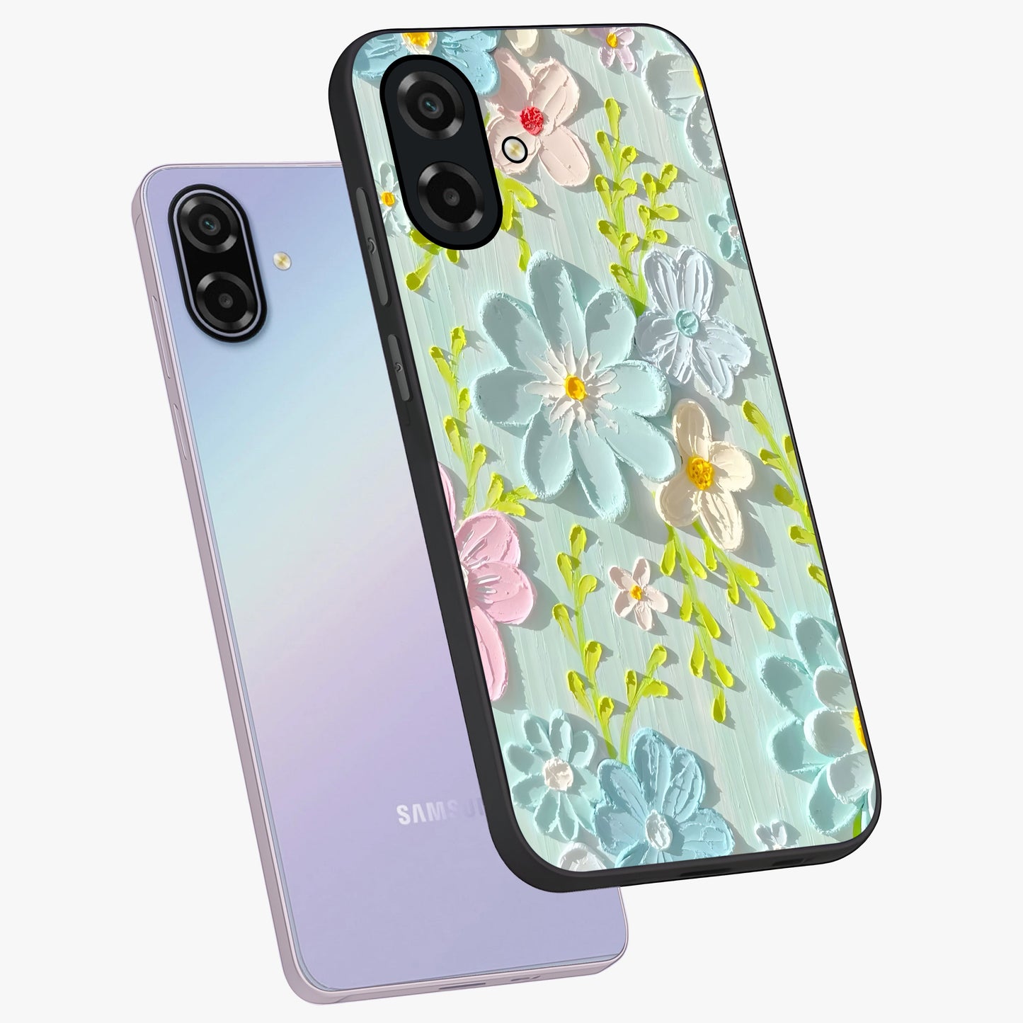 Frosted Petal Garden Glass Case displayed in angled mockup highlighting delicate flower petal design with calm garden aesthetic.