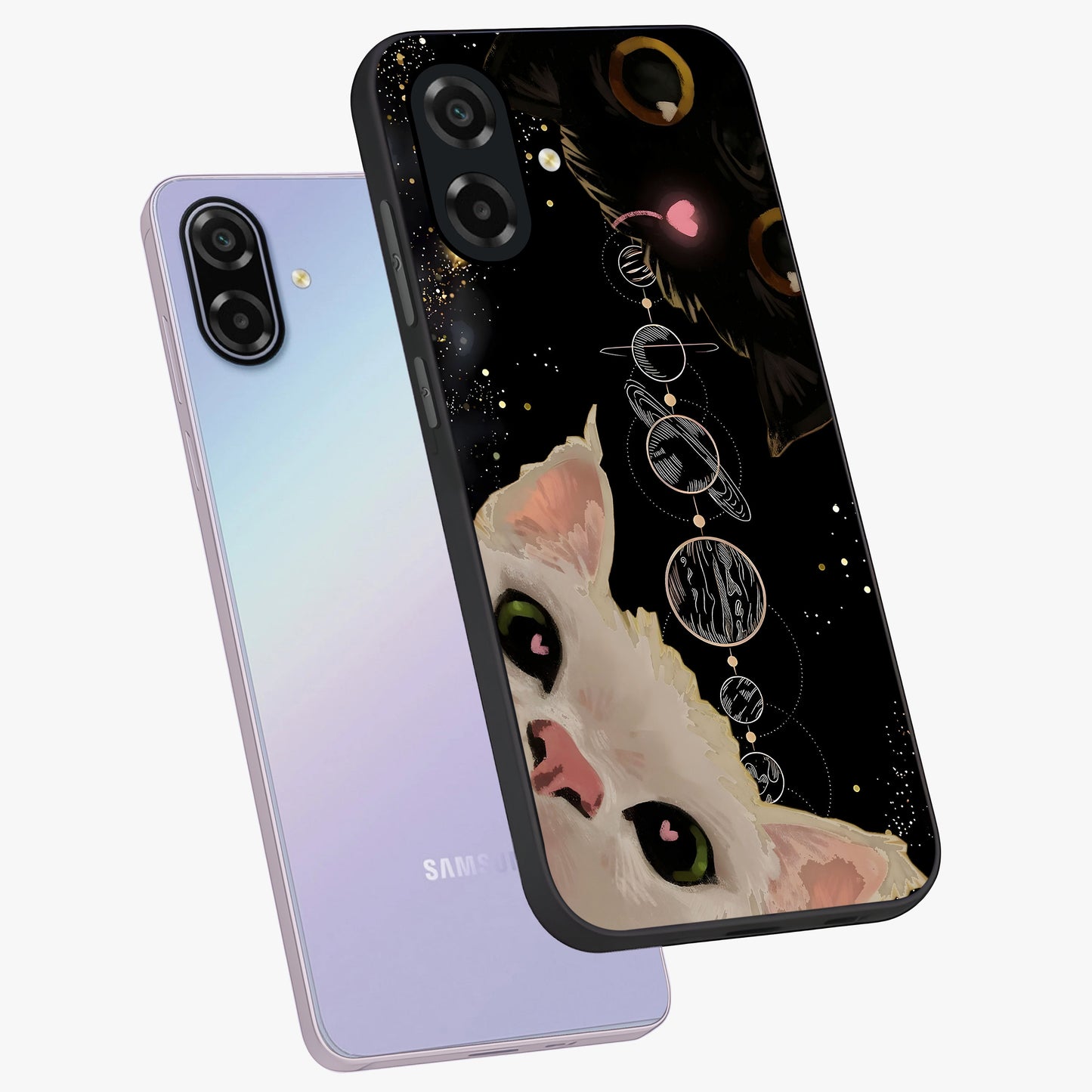 Galactic Cat Glass Case displayed in angled mockup highlighting celestial feline illustration with galaxy aesthetic style.